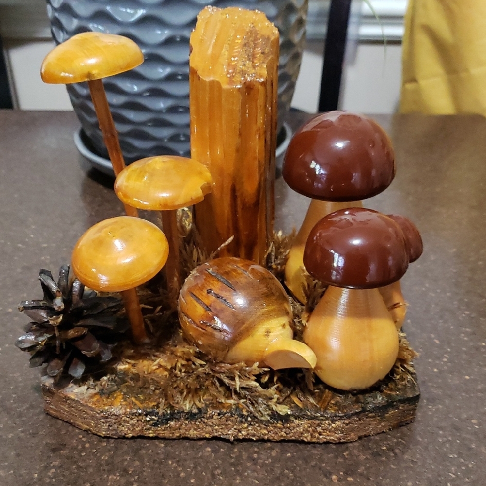 Vintage Wooden Folk Mushroom And Sculpture, Hand Crafted Woodland Sculpture,